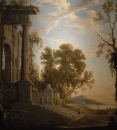 Paysage avec figures sur les marches d’un palais en ruines by Henri Mauperché