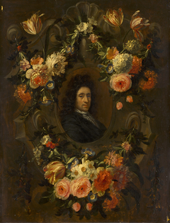 Portrait of a Man Encircled by a Wreath of Flowers by Jan Baptist Morel