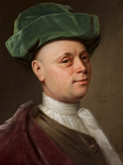 Portrait of a man in green hat. by Balthasar Denner