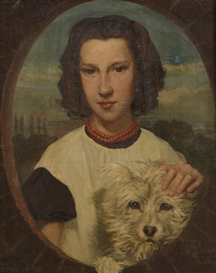 Portret van Angeline Bogaert met hond, op de achtergrond een landschap by Amédée Bourson