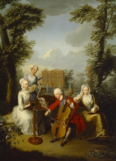 Prince Frederick Louis, Prince of Wales (1707–1751) playing the Cello, accompanied by his Sisters, Anne (1709 - 1759), Caroline (1713 - 1757) and Amelia (1711 - 1786), making Music at Kew by Philippe Mercier