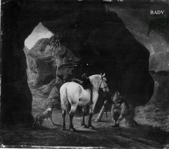 Reiter mit Schimmel und Hund in einer Höhle by Cornelis Saftleven