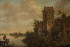 Riverside Scene with Buildings and Figures by Dutch School