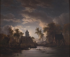 Riviergezicht met kerktoren en maneschijn by Jacob Abels