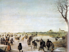 Skaters and kolf players on a Frozen River by Barent Avercamp