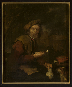 Smoker with a pipe and a pitcher in his hands by Gabriël Metsu