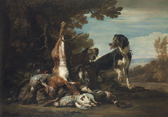 Still life of game, with two dogs, in a landscape by David de Coninck