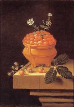 Still life with a bowl of strawberries on a stone table by Adriaen Coorte