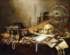 Still life with skull, globe, shells, jewelry box and other objects by Pieter Claesz