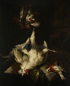 Still-life with white cockerel and dead game by William Gouw Ferguson