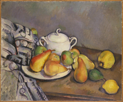 Sugar Bowl, Pears, and Tablecloth by Paul Cézanne