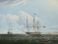 The Mayor and Corporation of Portsmouth going on board HM yacht 'Royal Sovereign' with a loyal address for HRH the Duke of Clarence, 2 August 1827 by Henry Moses