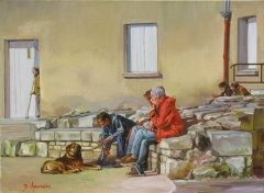 Three guys with a dog by Dominique Amendola