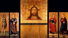 Triptych: Bust of Christ, Saint John the Baptist and Saint Peter. Closed: Saint John the Evangelist and Saint Colombe by Antoniazzo Romano