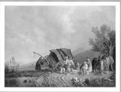 Umgefallener Bierwagen im Gebirge by Heinrich Bürkel