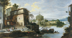 View of a River Port with Castel Sant'Angelo, Rome by Master of the Monogram IDM