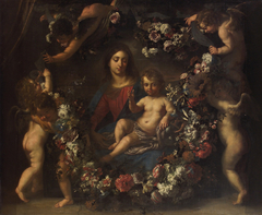 Virgin with child in a wreath of flowers by Jan van den Hoecke