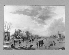 Winterlandschaft an einem Kanal mit Eishockeyspielern by Aert van der Neer