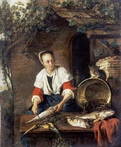 Woman Cleaning a Fish, with a Cat by Gabriël Metsu