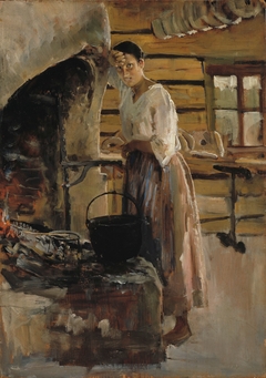 Woman Cooking Whitefish ; Woman grilling fish by Akseli Gallen-Kallela