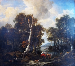 Wooded landscape with a flooded road by Jacob van Ruisdael