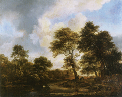 Wooded landscape with swans in a pond by Jacob van Ruisdael