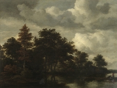 Woodland landscape with figures by a river by Jacob van Ruisdael