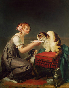 Young Girl Giving Milk to Her Cat by Marguerite Gérard