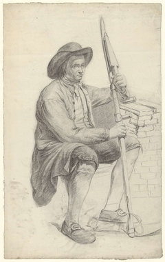 Zittende man met zeis in beide handen by Unknown Artist