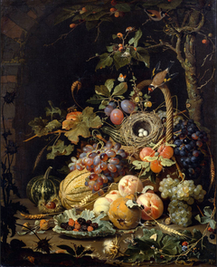 A  bird's nest in a fruit basket by Abraham Mignon