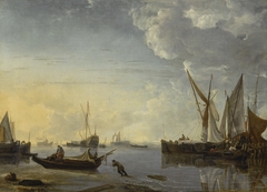 A Calm, with fishermen near a jetty by Hendrick Dubbels