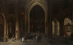 A church interior by candlelight by Pieter Neeffs