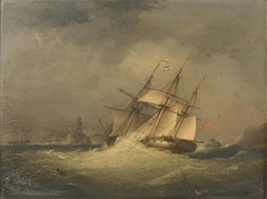 A frigate off a rocky coast by Nicholas Matthews Condy