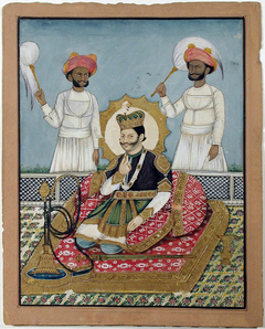 A king of Nepal seated on a terrace with a hookah, with two chauri bearers by Anonymous