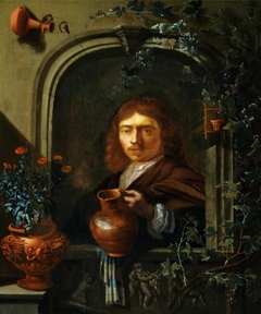 A Man at a Window holding an Earthenware Jug by manner of Frans van Mieris the elder