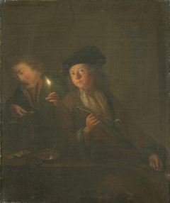 A man with a pipe and a man filling his glass by Godfried Schalcken