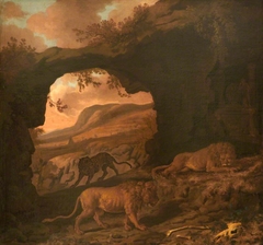 A Pair of Lions with a Leopard in a Cave by Dirck van der Bergen