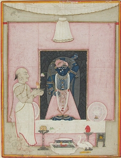 A Priest makes Offerings to Shrinathji at Jal Vihar (Water Sports Ceremony) by anonymous painter