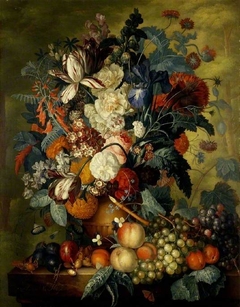 A vase of flowers with fruit by Jacob van Huysum