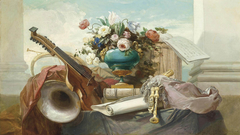 A Violin, Bagpipes, a Drum, a Music Score, and an Ormolu-Mounted Vase with Roses and Other Flowers on a Draped Ledge by Anonymous