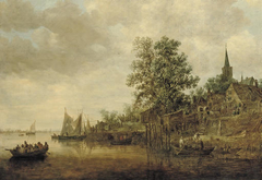 A wooded landscape with shipping on a river, a village nearby by Jan van Goyen