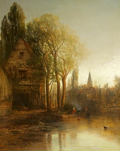 A Woodland Scene with Moat and Spire by James Webb