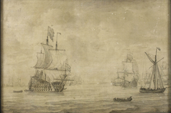 An English three-decker with the fleet in light airs by Willem van de Velde the Elder