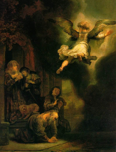 Archangel Raphael leaves the house of Tobit and Anna by Rembrandt