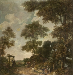 Behangselschildering van een Hollands landschap met een zandweg by Unknown Artist