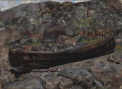 Boat on a Rocky Shore Near the Old Church in Tyrvää by Akseli Gallen-Kallela