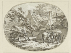 Boerenhuis met landlieden bij hooiwagen en hooiberg by Jacob Cats 1741-1799