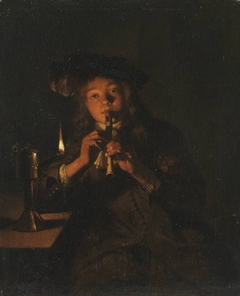 Boy Playing the Flute by Lamplight by Caspar Netscher