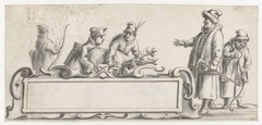 Cartouche met vijf Lappen en een geschoten hert of rendier by Pieter Jansz