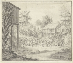 Dansende inboorlingen in een dorp met hutten op palen by Unknown Artist